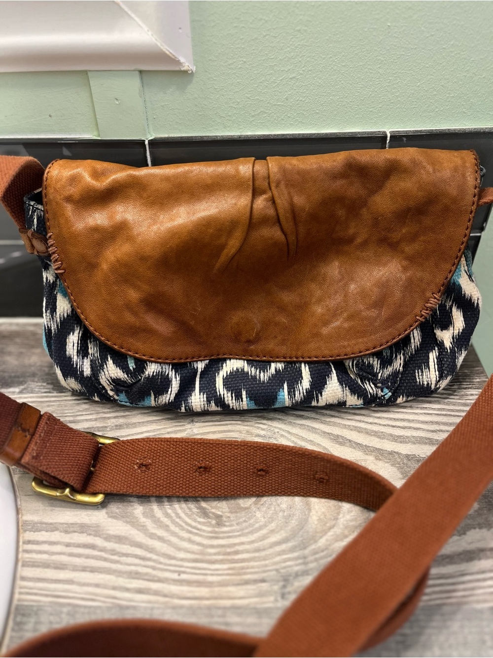 Lucky Brand Brown Leather Flap Crossbody with Black & White Pattern